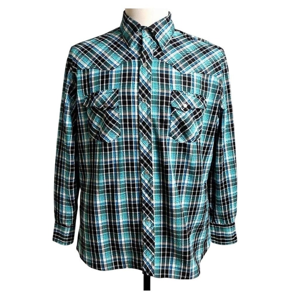 Wrangler Men's LARGE Plaid Pearl Snap Western Shirt Blue Long Sleeve -‎ CJ